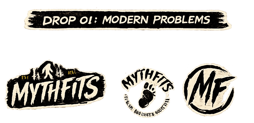 Mythfits marks: Drop 01 banner, wordmark, footprint seal, and MF icon